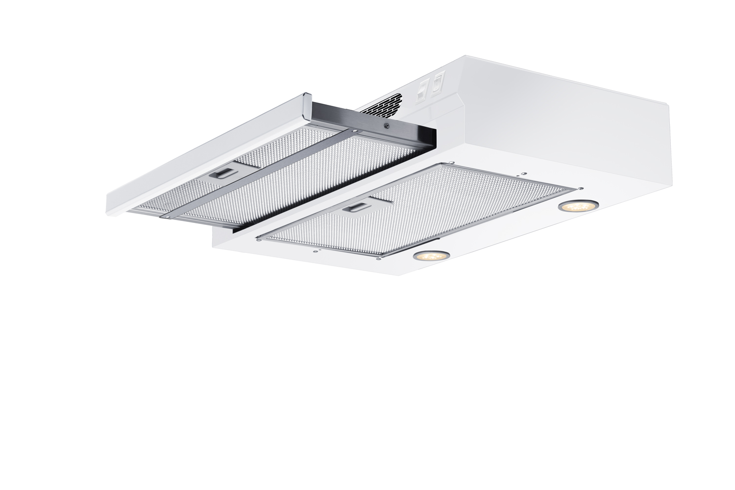 24 inch wide under cabinet retractable range hood for ductless use in white, made in the USA with power cord included